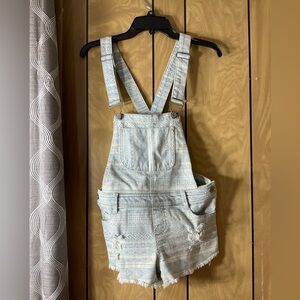 Light Blue Aztec Print Distressed Denim Overall Shorts